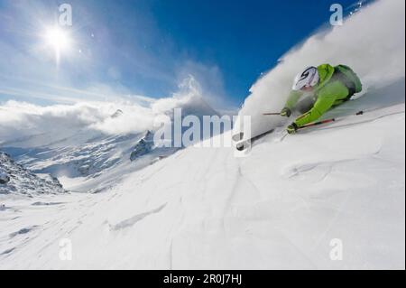 Powder turn in front of the camera, Hintertuxer glacier, Zillertal, Austria Stock Photo