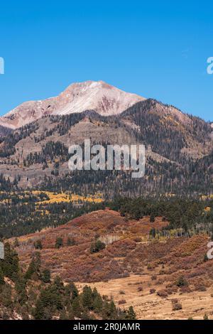 Pagosa Peak is a prominent landmark at 12,640 feet, which is  North of Pagosa Springs, Colorado. Stock Photo