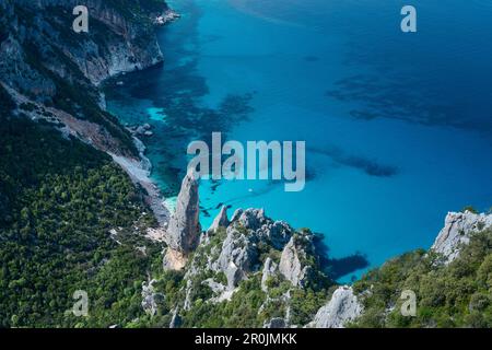 Mountainous coastal landscape, Cala Goloritze, rock-needle Aguglia Goloritze, Golfo di Orosei, Selvaggio Blu, Sardinia, Italy, Europe Stock Photo