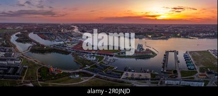 Sunset aerial view of Nyholm fort island and Copenhagen Stock Photo