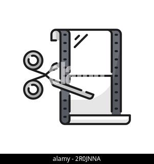 Movie film and scissors, video production icon. Video editing industry, movie montage or cinema production thin line vector sign. Filmmaking festival Stock Vector