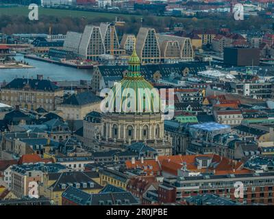 Aerial close up view of Copenhagen Frederik church with green and gold dome Stock Photo