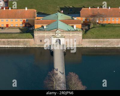 Aerial view of Kronborg castle gate and bridge over the water filled moat in Denmark Stock Photo