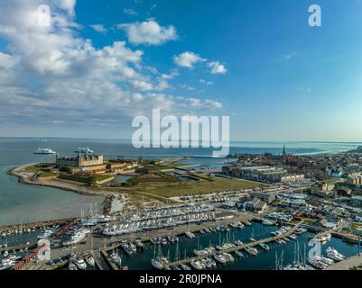 Aerial view of Kronborg castle with ramparts, ravelin guarding the entrance to the Baltic Sea and the Oresund in Helsingor Denmark Stock Photo