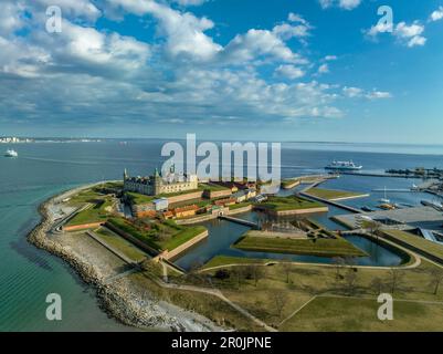 Aerial view of Kronborg castle with ramparts, ravelin guarding the entrance to the Baltic Sea and the Oresund in Helsingor Denmark Stock Photo