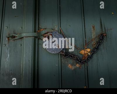 Rustic metal lock with chain on a green wooden door Stock Photo