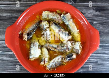 Canned spiced Sardines in vegetable oil, easy opening, sardine fish pilchards nutrient-rich, small, oily fish, a source of omega 3 fatty acid, seafood Stock Photo