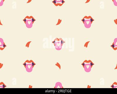 Retro seamless pattern with heart and lips. Groovy elements. Cartoon funky. Stock Vector