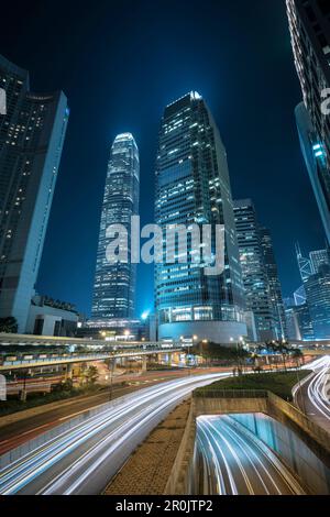 view at IFC one and two with light traces of cars at night, Central District, Hongkong Island, China, Asia Stock Photo