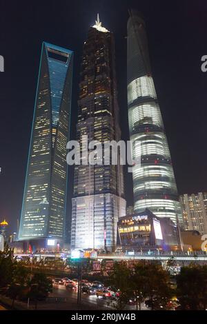 Night, Pudong, Shanghai World Financial Center, Jinmao Tower, Shanghai Tower, traffic, skyline of Shanghai, Shanghai, China, Asia Stock Photo