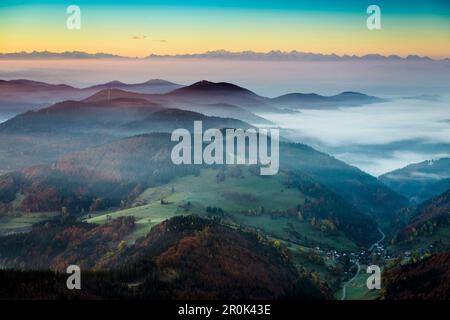 View from the Belchen south on the Wiesental valley and the Swiss Alps, morning atmosphere with fog, autumn, Black Forest, Baden-Wuerttemberg, Germany Stock Photo