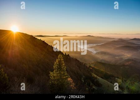 View from the Belchen south on the Wiesental valley and the Swiss Alps, sunrise, autumn, Black Forest, Baden-Wuerttemberg, Germany Stock Photo