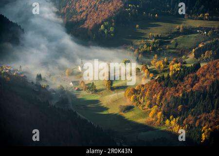 View from the Belchen south on the Wiesental valley, morning atmosphere with fog, autumn, Black Forest, Baden-Wuerttemberg, Germany Stock Photo
