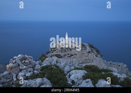 Overhead of Faro de Formentor lighthouse on Cap de Formentor peninsula at dusk, Cap de Formentor, Mallorca, Balearic Islands, Spain Stock Photo