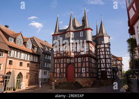 Frankenberg town hall with the 10 towers, a historic half-timbered building with Rathausschirn, the market hall in the heart of the old city center Fr Stock Photo