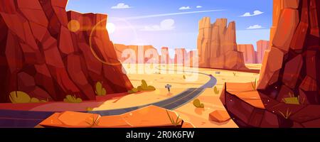 Grand canyon vector landscape illustration. Arizona national park desert with rock mountain and road traffic. Wild outdoor western gorge and unbelievable journey in US landmark with arid terrain Stock Vector