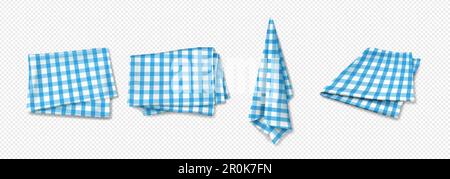 Realistic set of blue checkered cotton towels hanging, lying folded isolated on transparent background. Vector illustration of vintage tablecloth. Kitchen, restaurant interior, picnic design elements Stock Vector