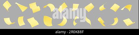 Blank paper sheets, document pages and office notes fly in air. 3d empty yellow stickers with curl corners fall isolated on transparent background, vector realistic set Stock Vector