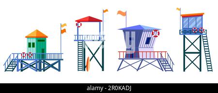 Set of Lifeguard Tower icons. Station beach building Stock Vector