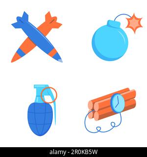Military bomb types icon set in flat and line style. Explosive weapon symbols collection. Vector illustration. Stock Vector
