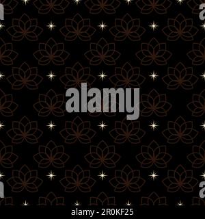 Lotus and golden stars seamless pattern on black background. Vector print, Indian style Stock Vector