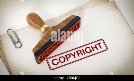 Copyright stamp standing on documents. 3D illustration. Stock Photo