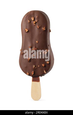 Chocolate popsicle ice cream bar with hazelnuts isolated on white background. Stock Photo