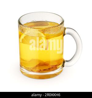 Hot tea with lemon and ginger in a transparent glass mug isolated on white background. Stock Photo