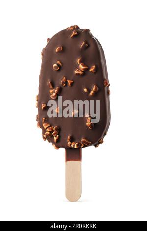 Chocolate popsicle ice cream bar with hazelnuts isolated on white background. Stock Photo