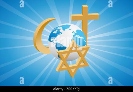 Peace and dialogue between religions. Golden christian, Jew and Islamic symbols around the earth Stock Vector