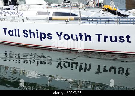 UKÕs oldest and largest youth development sail training charity, Tall Ships Youth Trust (TSYT), and one of its flagship Challenger vessels at the Royal Albert Dock, Liverpool. Stock Photo