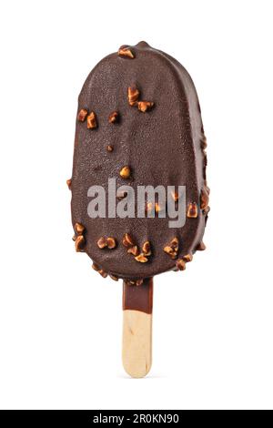 Chocolate popsicle ice cream bar with hazelnuts isolated on white background. Stock Photo