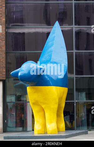 The Super Lambanana is an original work of art by Japanese based artist Taro Chiezo and was created in 1998. The artwork was designed to warn of the dangers of genetically modified food while also reflecting LiverpoolÕs history as a port city, trading in commodities such as Lancashire wool and Fyffes bananas.  The Statue currently stands outside Liverpool John Moores University on Tithebarn Street. Stock Photo