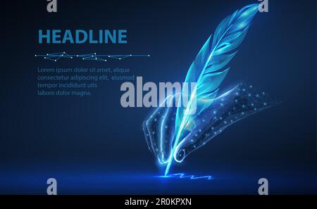 Feather in digital hand. Automatic text generator, AI writing, artificial intelligence copywriter Stock Vector