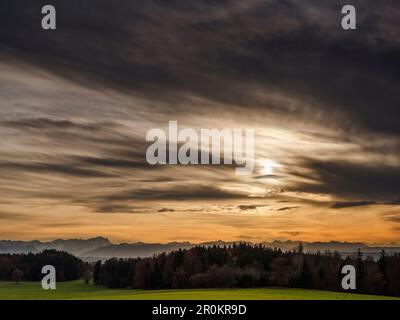 View from Degerndorfer Hoehe to the alps before sunset, Zugspitze on the left, Muensing, Upper Bavaria, Germany Stock Photo