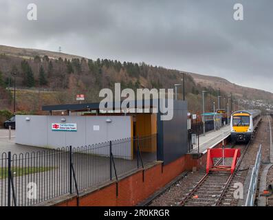 Ebbw Vale Town railway station.  Transport For Wales class 170 Turbostar train 170206  arriving at the small single platform terminus Stock Photo