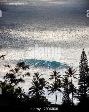 HAWAII, Oahu, North Shore, surfers in the water at Waimea Bay Stock Photo