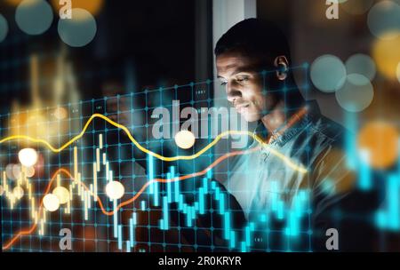 Businessman, tablet and dashboard at night of stock market, trading or graph and chart data at office. Man trader or broker working late on technology Stock Photo