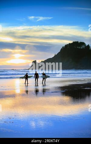 USA, Oregon, Oswald West State Park, surfers walk along the beach and out into the water at Oswald State Park, just south of Cannon Beach Stock Photo