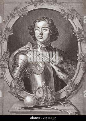 Peter the Great, Peter I or Pyotr Alexeyevich Romanov, 1672 – 1725. Tsar of Russia.  After an 18th century work by Gottfried Kneller. Stock Photo