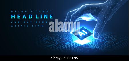 AI technology. Chip with AI latters and circuit board. Artificial intelligence Stock Vector