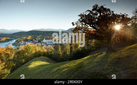 view from Kalvarienberg to Bad Toelz and River Isar, river Isar, bavaria, germany Stock Photo