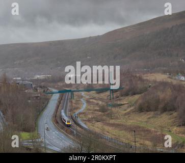 Transport For Wales class 170 Bombardier Turbostar train on the Ebbw Vale line soon after leaving Ebbw Vale, South Wales Stock Photo