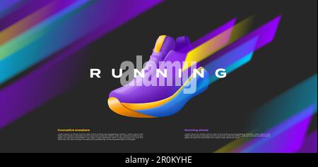 Marathon running poster with 3d sneaker in dynamic running movement with stripes blur in speed motion, sneakers fashion design promo Stock Vector