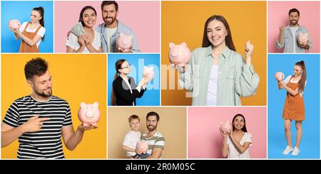 Collage with photos of people holding ceramic piggy banks on different color backgrounds. Banner design Stock Photo