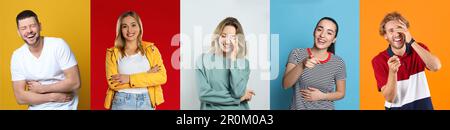 Collage with photos of people laughing on different color backgrounds. Banner design Stock Photo