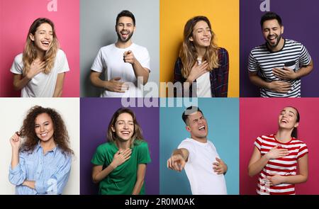 Collage with photos of people laughing on different color backgrounds Stock Photo