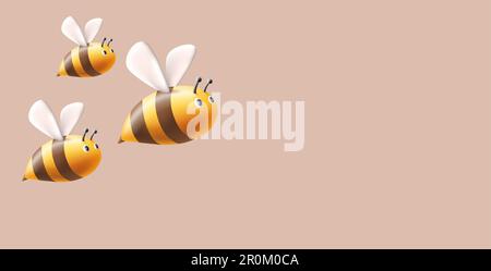 Flying bees, 3d render stylized illustration of insect with yellow rounf shaped bodies and wings and eyes, character design Stock Vector