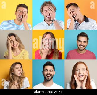 Collage with photos of people laughing on different color backgrounds Stock Photo