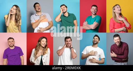 Collage with photos of people laughing on different color backgrounds. Banner design Stock Photo